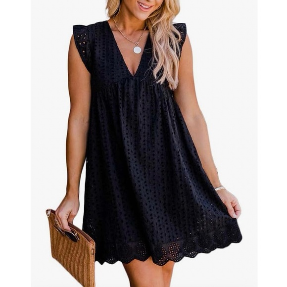 Dresses & Skirts - New black eyelet v-neck dress romper with shorts underneath size Small